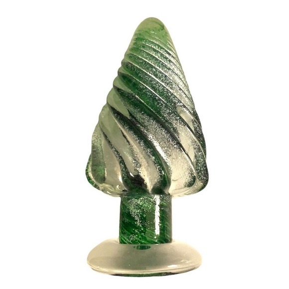 Hand Blown Figurine Christmas Tree Forest Green Clear Glass White Snow On Tree - Picture 1 of 10